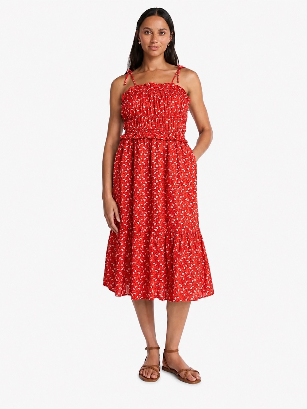 NWT Red Ditsy Floral Smocked Midi Dress Women’s Large (12–14)